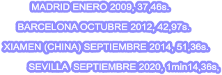 MADRID ENERO 2009, 37,46s.           BARCELONA OCTUBRE 2012, 42,97s.  XIAMEN (CHINA) SEPTIEMBRE 2014, 51,36s.           SEVILLA  SEPTIEMBRE 2020, 1min14,36s,